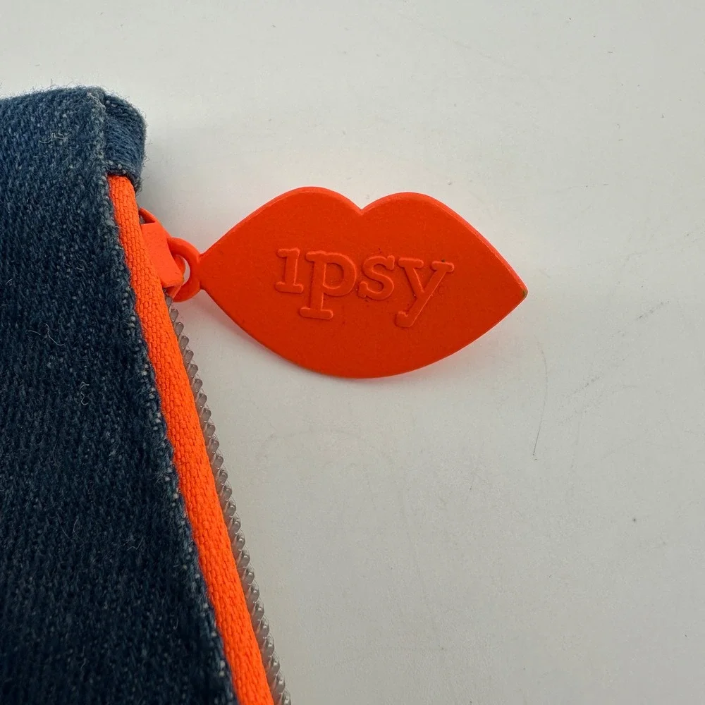 Ipsy Denim Makeup Bag Neon Orange Trim Lip Zipper Pull Cosmetic Pouch